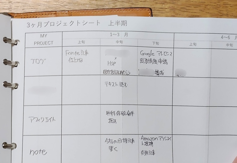 自作3ヶ月プロジェクトシートの画像